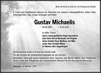 Traueranzeige von Gustav Michaelis von Südthüringer Presse