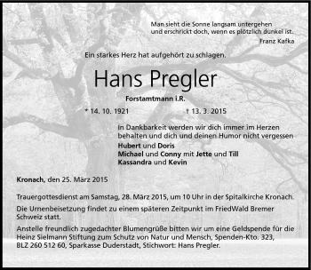 Traueranzeige von Hans Pregler von Neue Presse Coburg