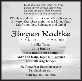 Traueranzeige von Jürgen Radtke von Südthüringer Presse