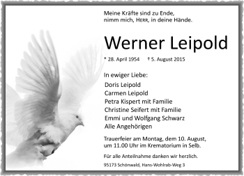Traueranzeige von Werner Leipold von Frankenpost