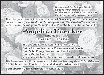 Traueranzeige von Angelika Dancker von Südthüringer Presse