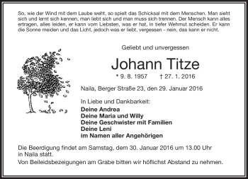 Traueranzeige von Johann Titze von Frankenpost
