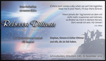 Traueranzeige von Rebecca Dittmar von Südthüringer Presse