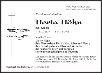 Traueranzeige von Herta Höhn von Südthüringer Presse