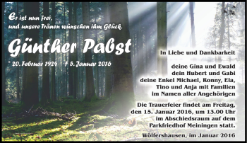 Traueranzeige von Günther Pabst von Südthüringer Presse