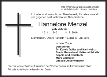 Traueranzeige von Hannelore Menzel von Frankenpost