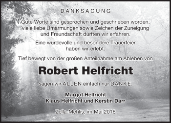 Traueranzeige von Robert Helfricht von Südthüringer Presse