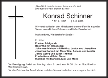Traueranzeige von Konrad Schinner von Frankenpost