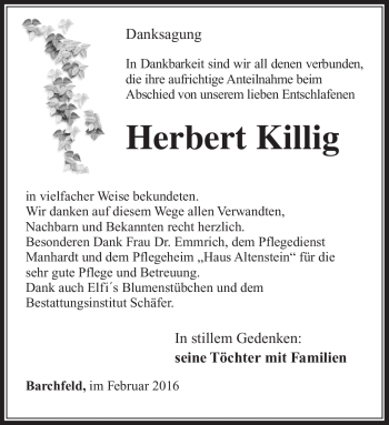 Traueranzeige von Herbert Killig von Südthüringer Presse