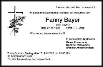 Traueranzeige von Fanny Bayer von Frankenpost