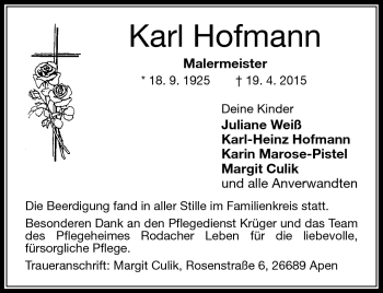 Traueranzeige von Karl Hofmann von Neue Presse Coburg