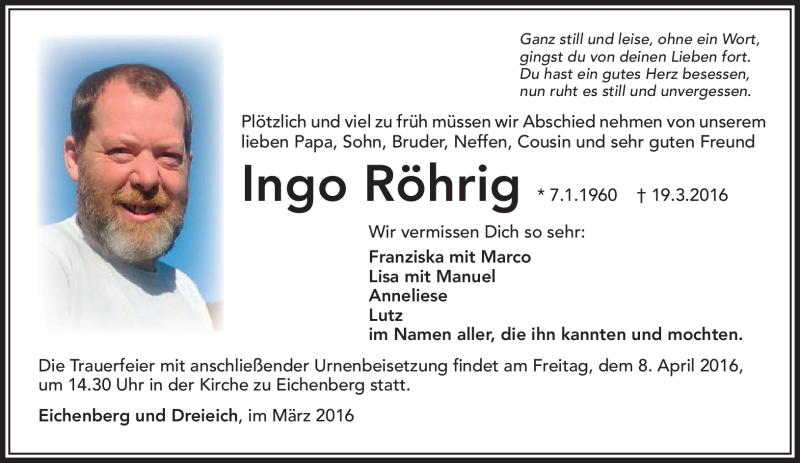  Traueranzeige für Ingo Röhrig vom 26.03.2016 aus Südthüringer Presse