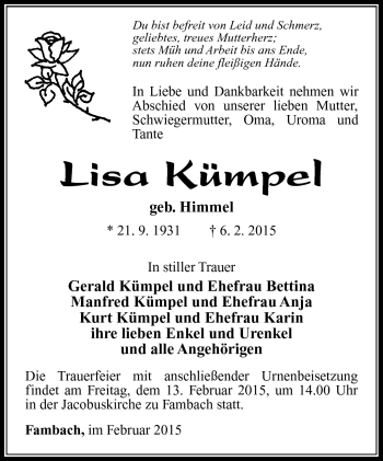 Traueranzeige von Lisa Kümpel von Südthüringer Presse