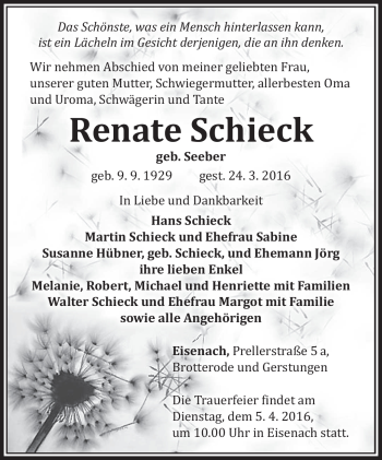 Traueranzeige von Renate Schieck von Südthüringer Presse
