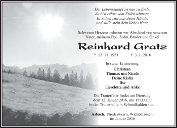 Traueranzeige von Reinhard Gratz von Südthüringer Presse