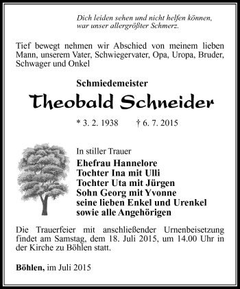Traueranzeige von Theobald Schneider von Südthüringer Presse