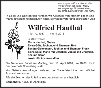 Traueranzeige von Wilfried Hauthal von Südthüringer Presse