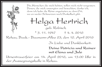 Traueranzeige von Helga Hertrich von Frankenpost