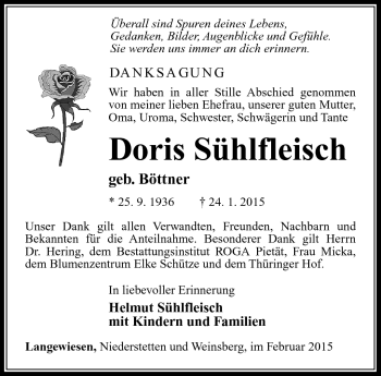 Traueranzeige von Doris Sühlfleisch von Südthüringer Presse