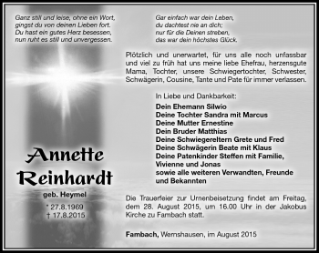 Traueranzeige von Annette Reinhardt von Südthüringer Presse