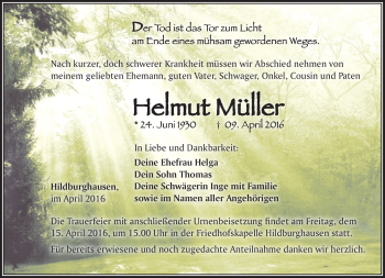 Traueranzeige von Helmut Müller von Südthüringer Presse