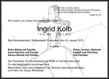 Traueranzeige von Ingrid Kolb von Frankenpost