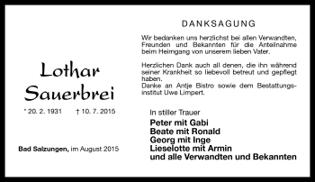 Traueranzeige von Lothar Sauerbrei von Südthüringer Presse