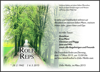 Traueranzeige von Rolf Reps von Südthüringer Presse