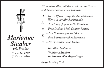 Traueranzeige von Marianne Stauber von Südthüringer Presse