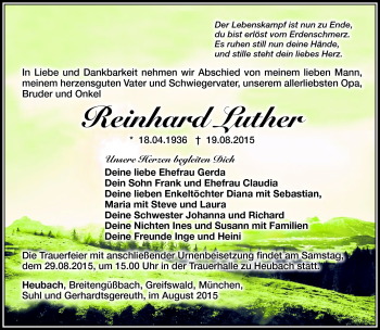 Traueranzeige von Reinhard Luther von Südthüringer Presse