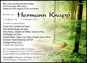 Traueranzeige von Hermann Knapp von Südthüringer Presse
