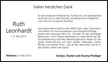 Traueranzeige von Ruth Leonhardt von Neue Presse Coburg
