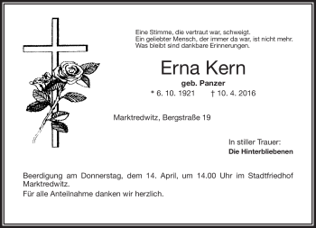 Traueranzeige von Erna Kern von Frankenpost