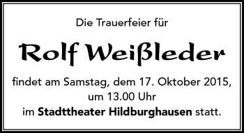 Traueranzeige von Rolf Weißleder von Südthüringer Presse