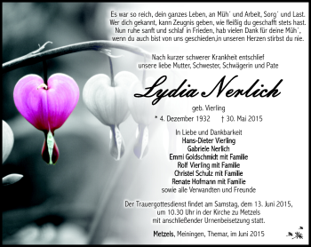 Traueranzeige von Lydia Nerlich von Südthüringer Presse