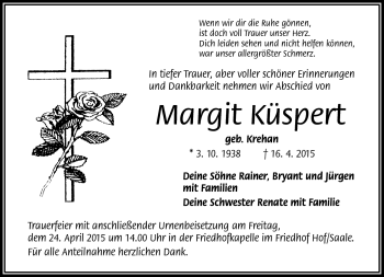 Traueranzeige von Margit Küspert von Frankenpost