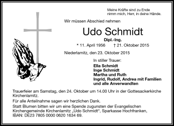 Traueranzeige von Udo Schmidt von Frankenpost