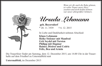 Traueranzeige von Ursula Lehmann von Südthüringer Presse