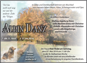 Traueranzeige von Albin Danz von Südthüringer Presse