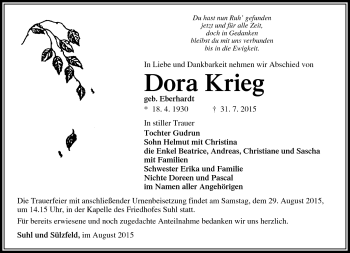 Traueranzeige von Dora Krieg von Südthüringer Presse