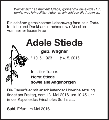 Traueranzeige von Adlele Stiede von Südthüringer Presse