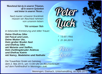 Traueranzeige von Peter Luck von Südthüringer Presse