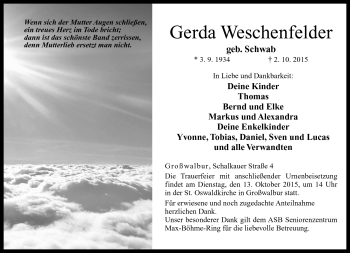 Traueranzeige von Gerda Weschenfelder von Neue Presse Coburg