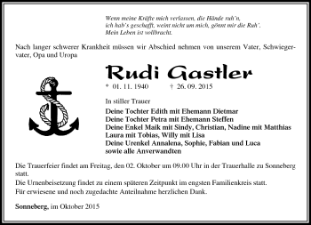 Traueranzeige von Rudi Gastler von Südthüringer Presse