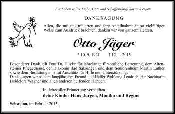Traueranzeige von Otto Jäger von Südthüringer Presse