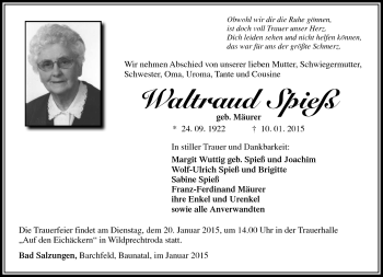 Traueranzeige von Waltraud Spieß von Südthüringer Presse