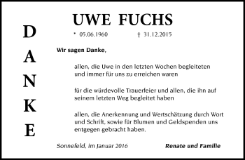 Traueranzeige von Uwe Fuchs von Neue Presse Coburg