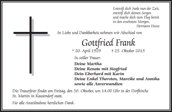 Traueranzeige von Gottfried Frank von Frankenpost