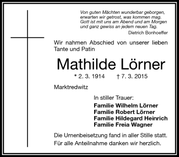 Traueranzeige von Mathilde Lörner von Frankenpost