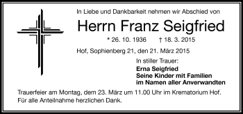 Traueranzeige von Franz Seigfried von Frankenpost